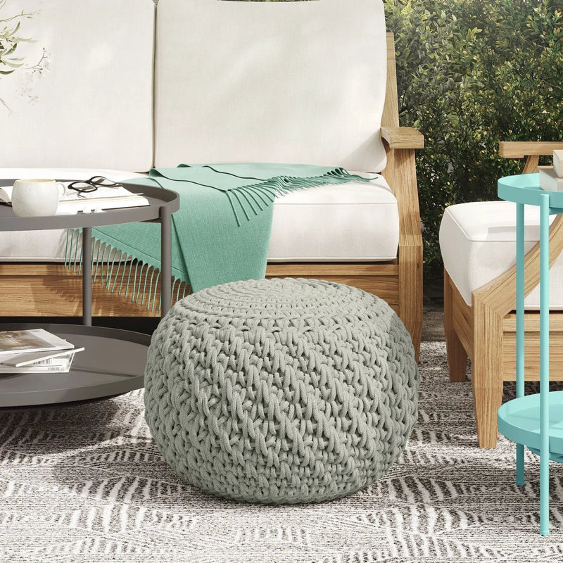 Nisi - Round Knitted Outdoor / Indoor Pouf - Light Gray by HouseOfZazla