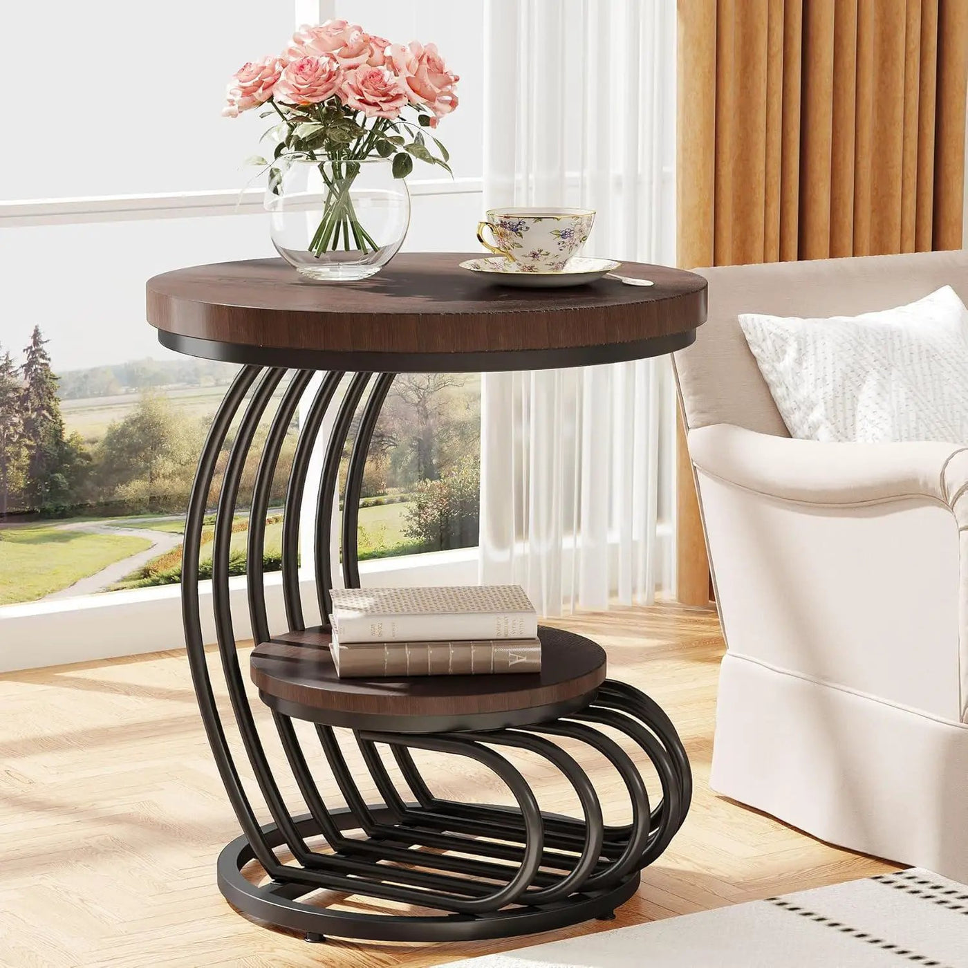 Round Vintage End Table With 2 Tier Storage by HouseOfZazla