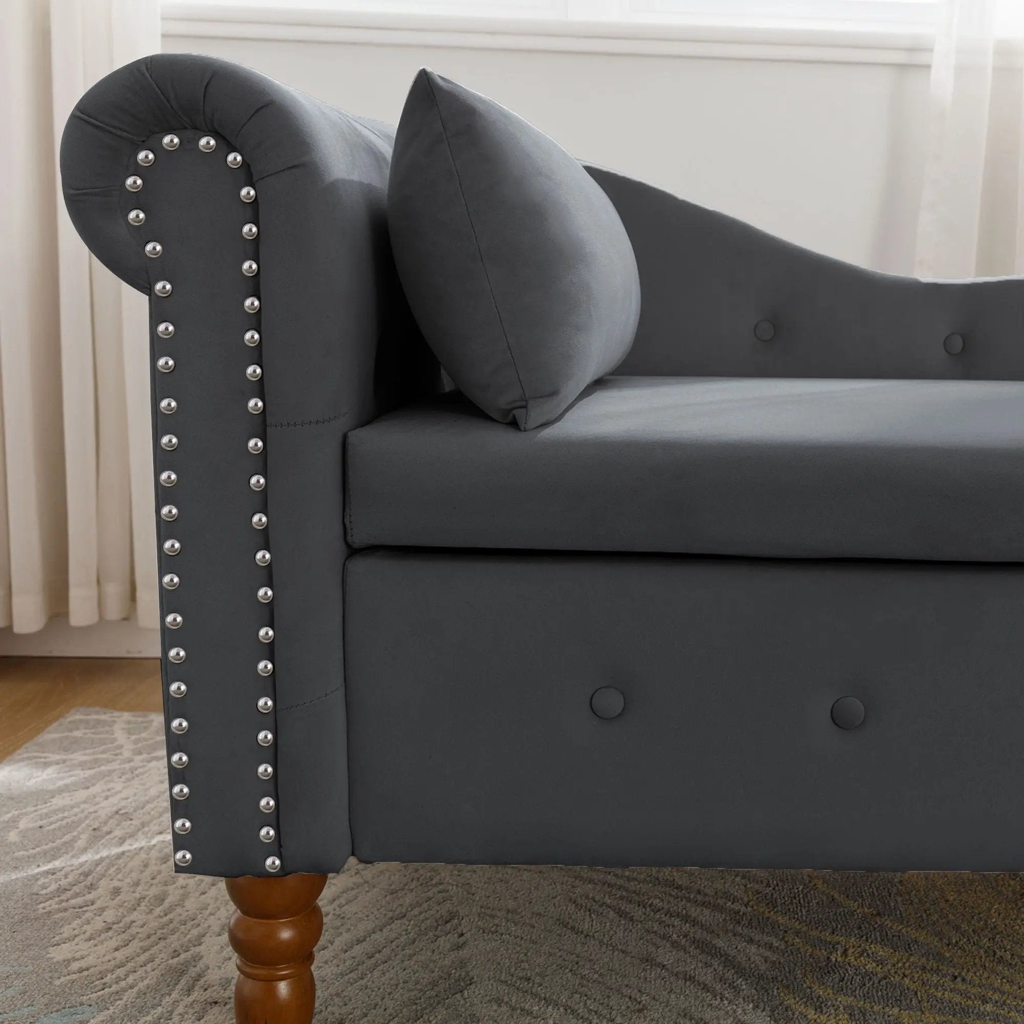 Chaise Lounge Indoor, Lounge Chair For Bedroom With Storage & Pillow, Modern Upholstered Rolled Arm Chase Lounge For Sleeping With Nailhead Trim For Living Room Bedroom Office by HouseOfZazla