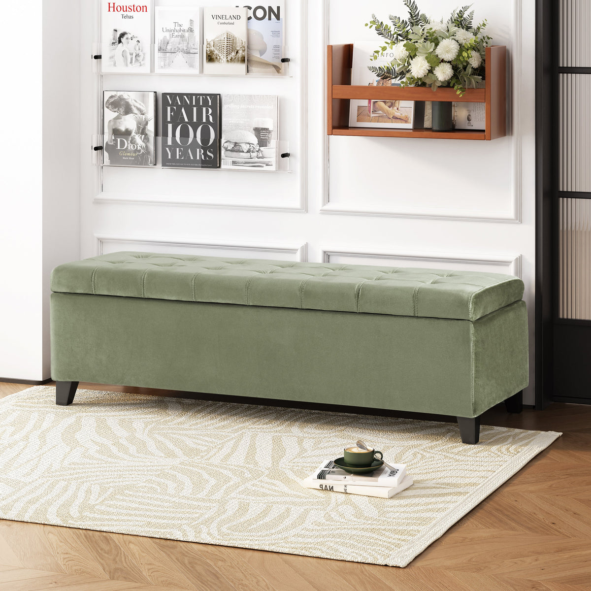 Tufted Storage Ottoman with Nailhead Trim - Fabric Storage Bench, photo 4 of 11