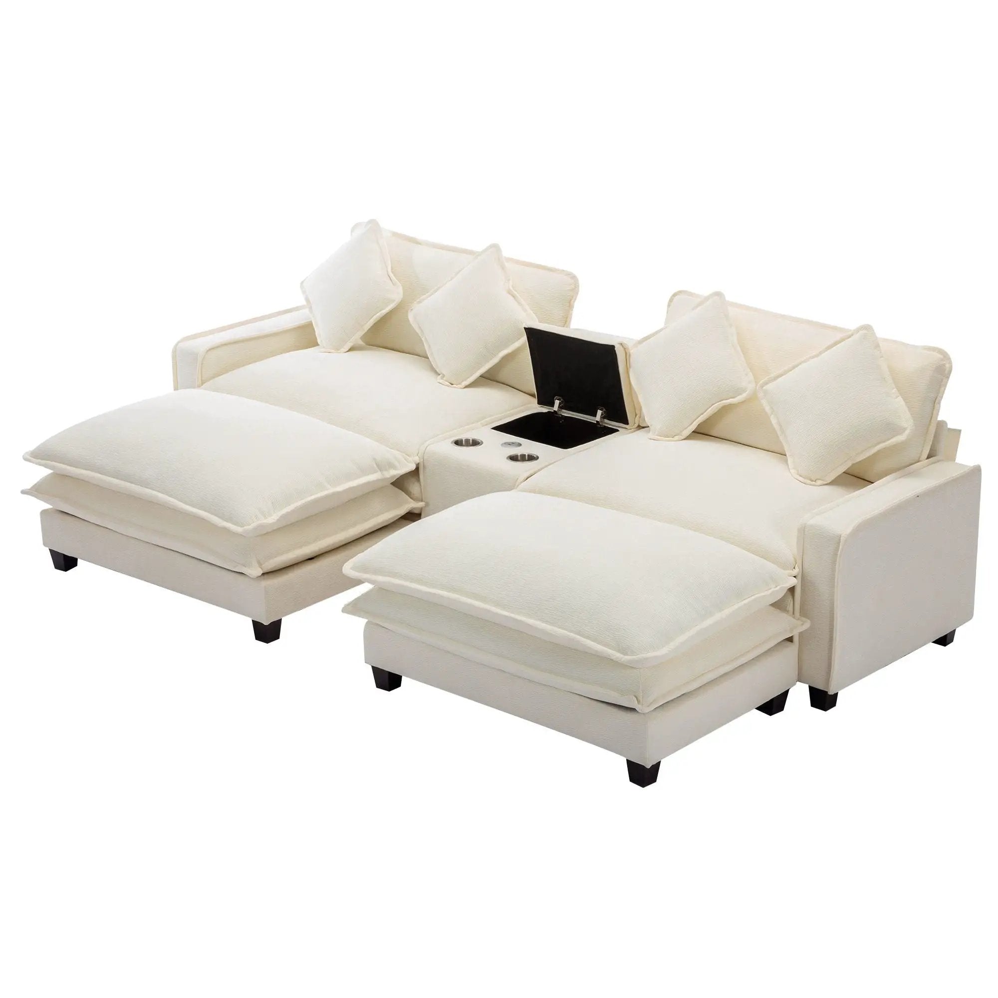 Sectional Sofa Upholstered Sofa With Two Removable Ottoman, Two USB Ports, Two Cup Holders And Large Storage Box For Living Room by HouseOfZazla