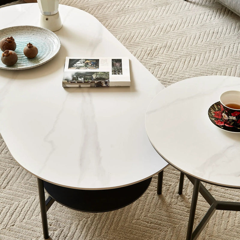 Contemporary Coffee Table Sintered Stone Surface With Ceramic Finish Double Layer Design Base Matte Shelf Modern Living Room Center Table - White / Gray by HouseOfZazla