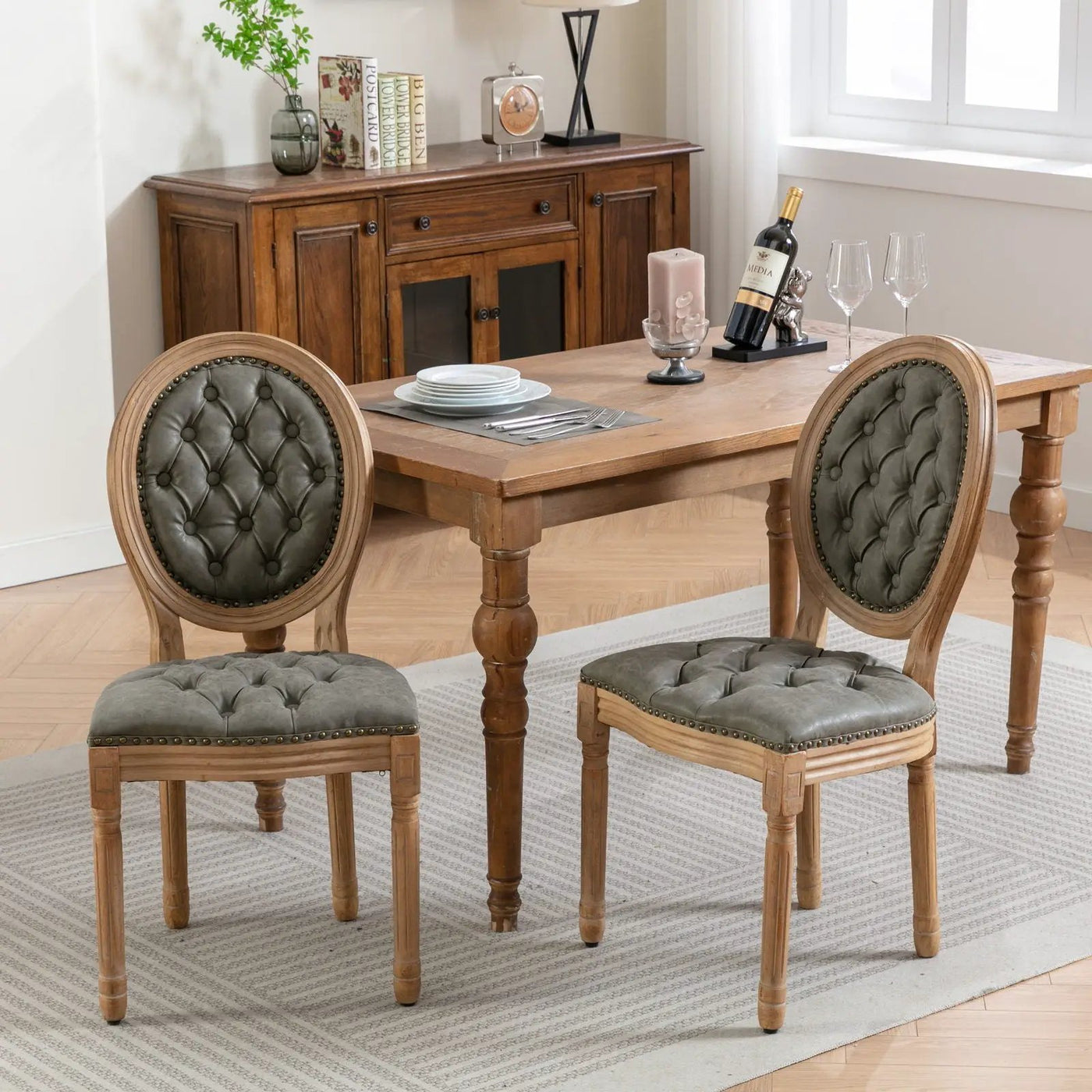 French Style Solid Wood Frame Antique Painting, Hand-Pulled Buckle Decoration Artificial Dining Chair With Nailhead Trim, Wood Legs by Unique Piece Furniture