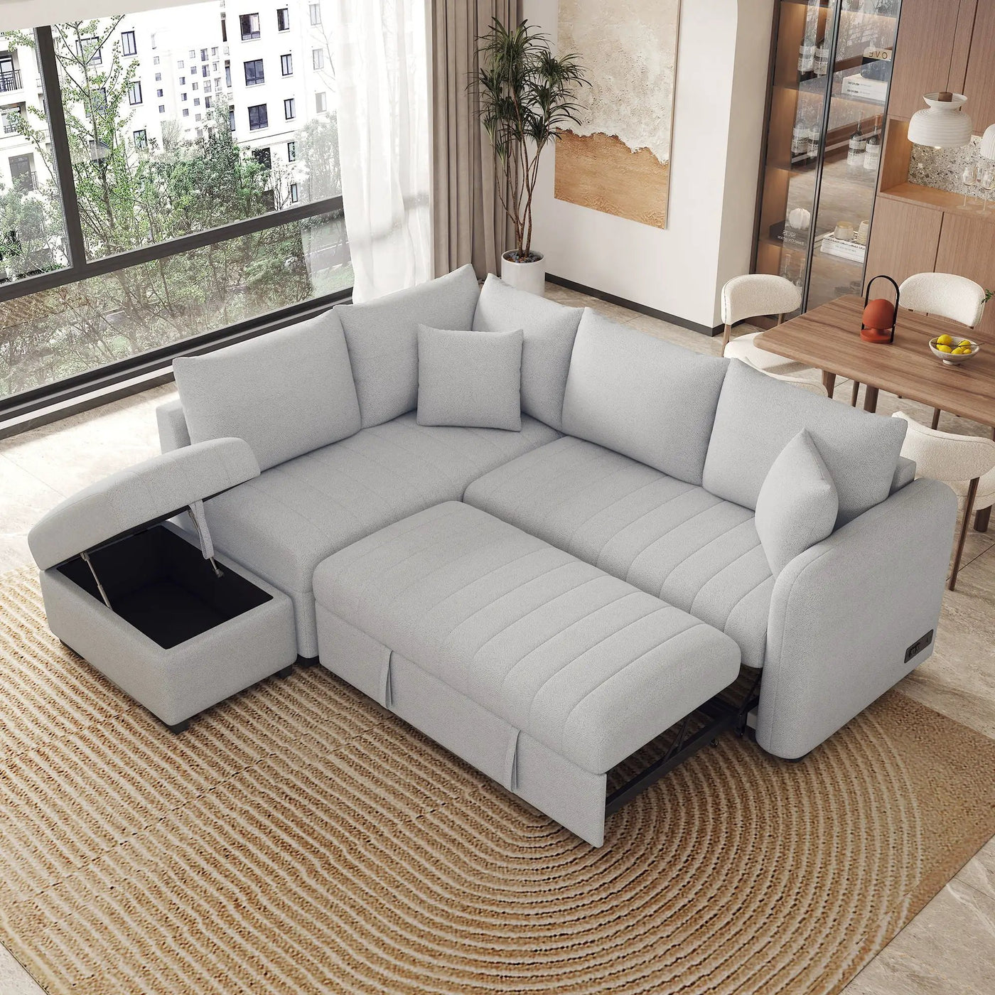 L-Shaped Sectional Pull Out Sofa Bed Sleeper Sofa With Two USB Ports, Two Power Sockets And A Movable Storage Ottoman by Unique Piece Furniture