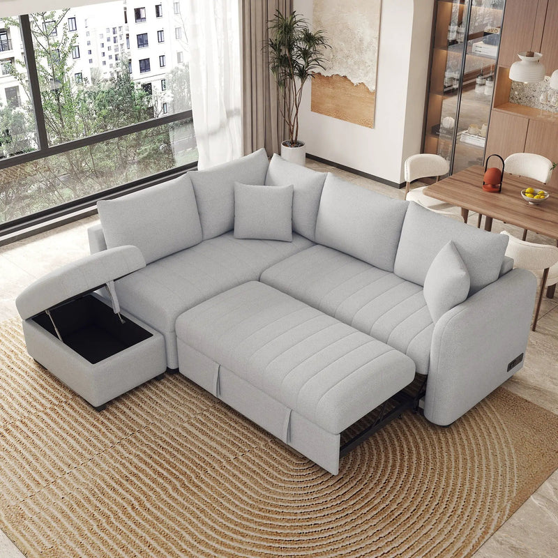 L-Shaped Sectional Pull Out Sofa Bed Sleeper Sofa With Two USB Ports, Two Power Sockets And A Movable Storage Ottoman by Unique Piece Furniture