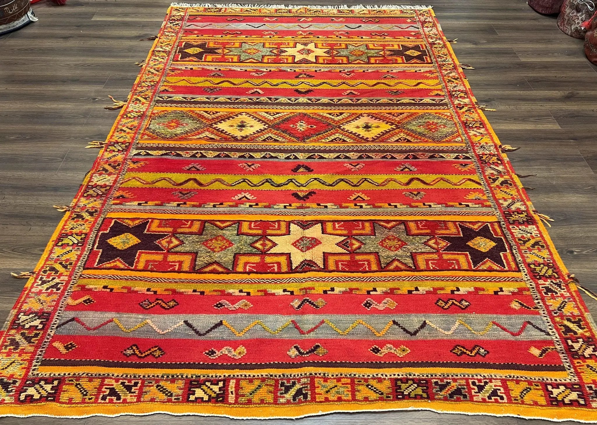 Unique Moroccan Rug 7x10, Room Sized Carpet, Red Orange Gray, Wool Oriental Striped Geometric Tribal Boho Rug, Flatweave with Raised Pile by Jewel Rugs