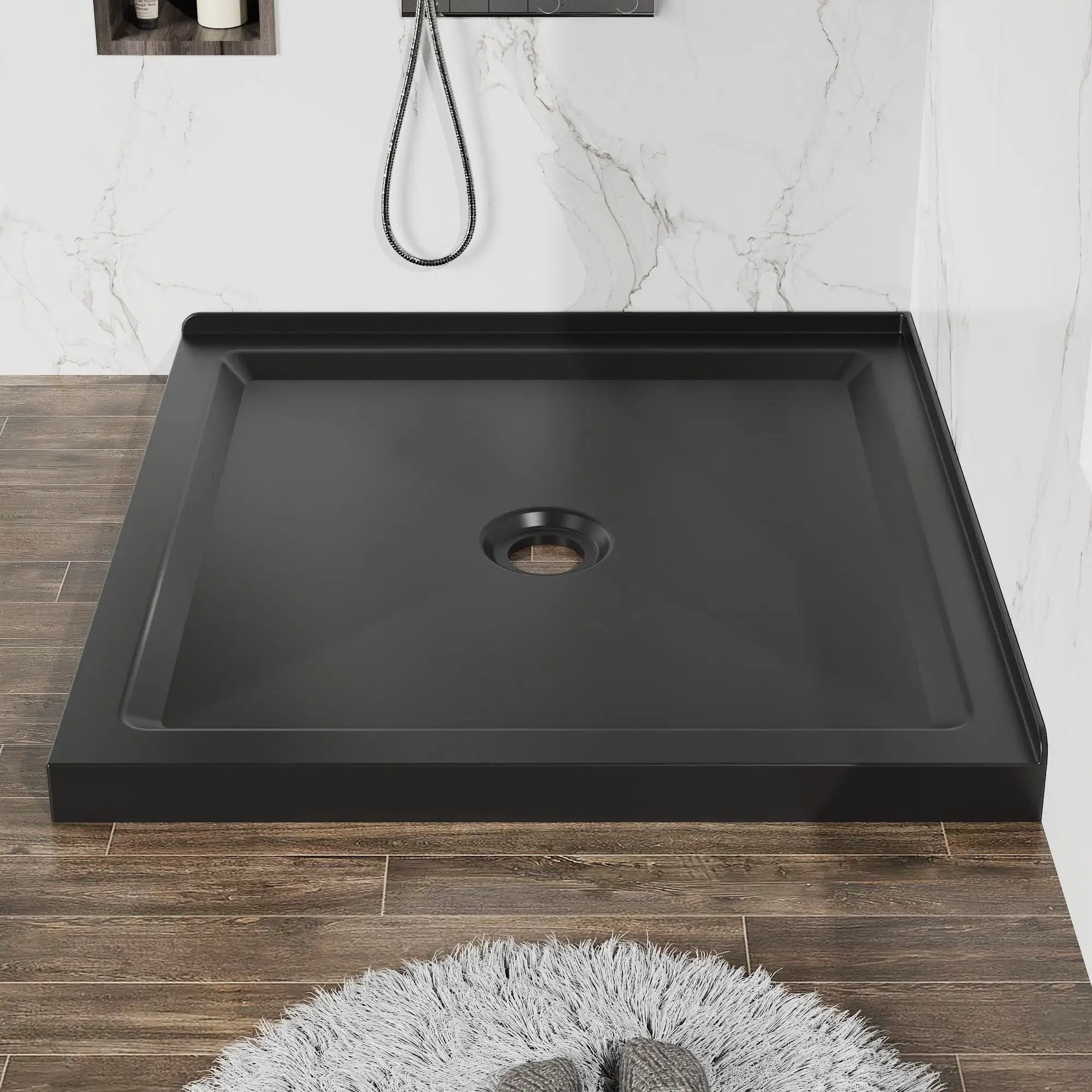 Shower Base, Anti Slip Center Drain Double Threshold - Black by HouseOfZazla