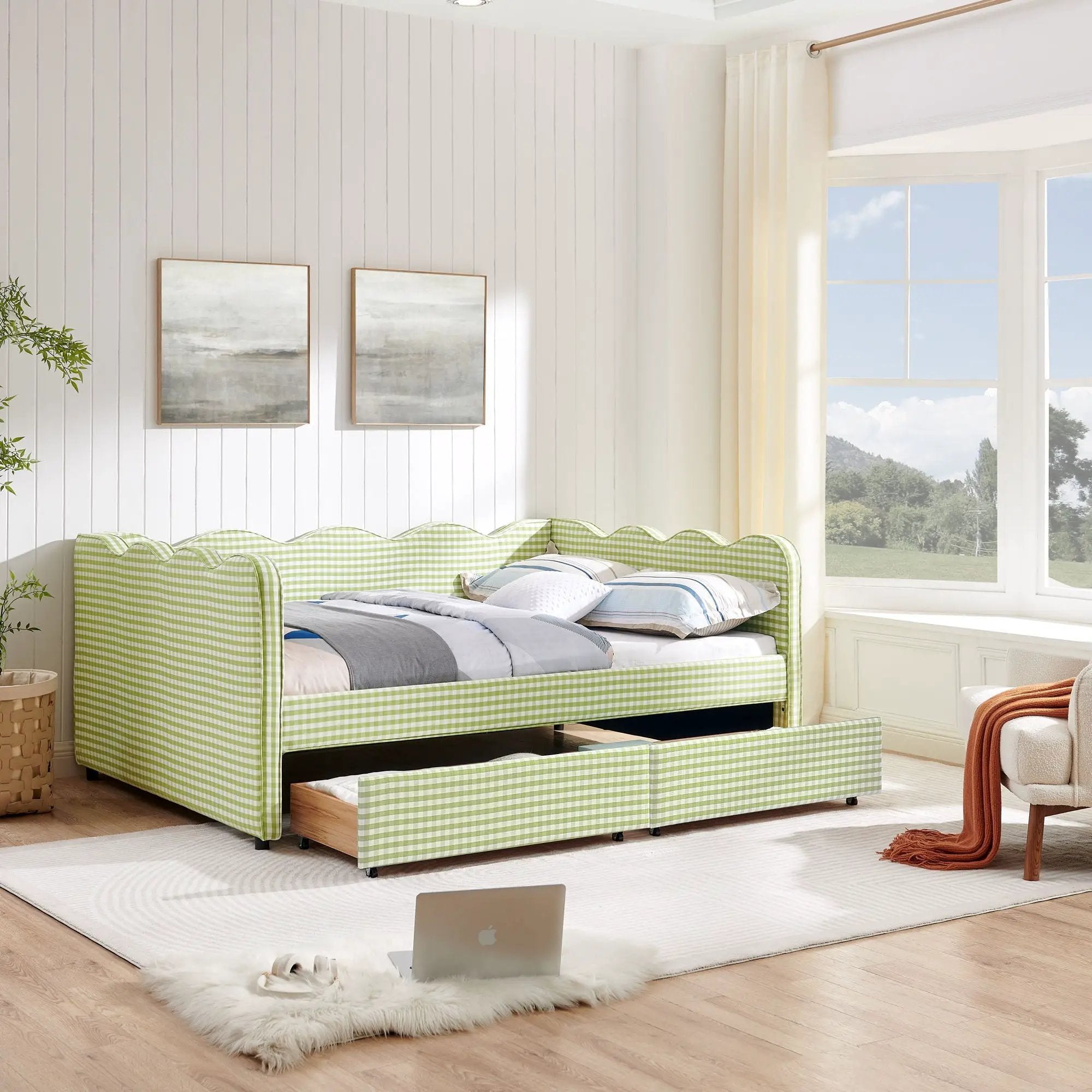 Gingham Daybed With USB Charging Port, Wave-Shaped Design by Unique Piece Furniture