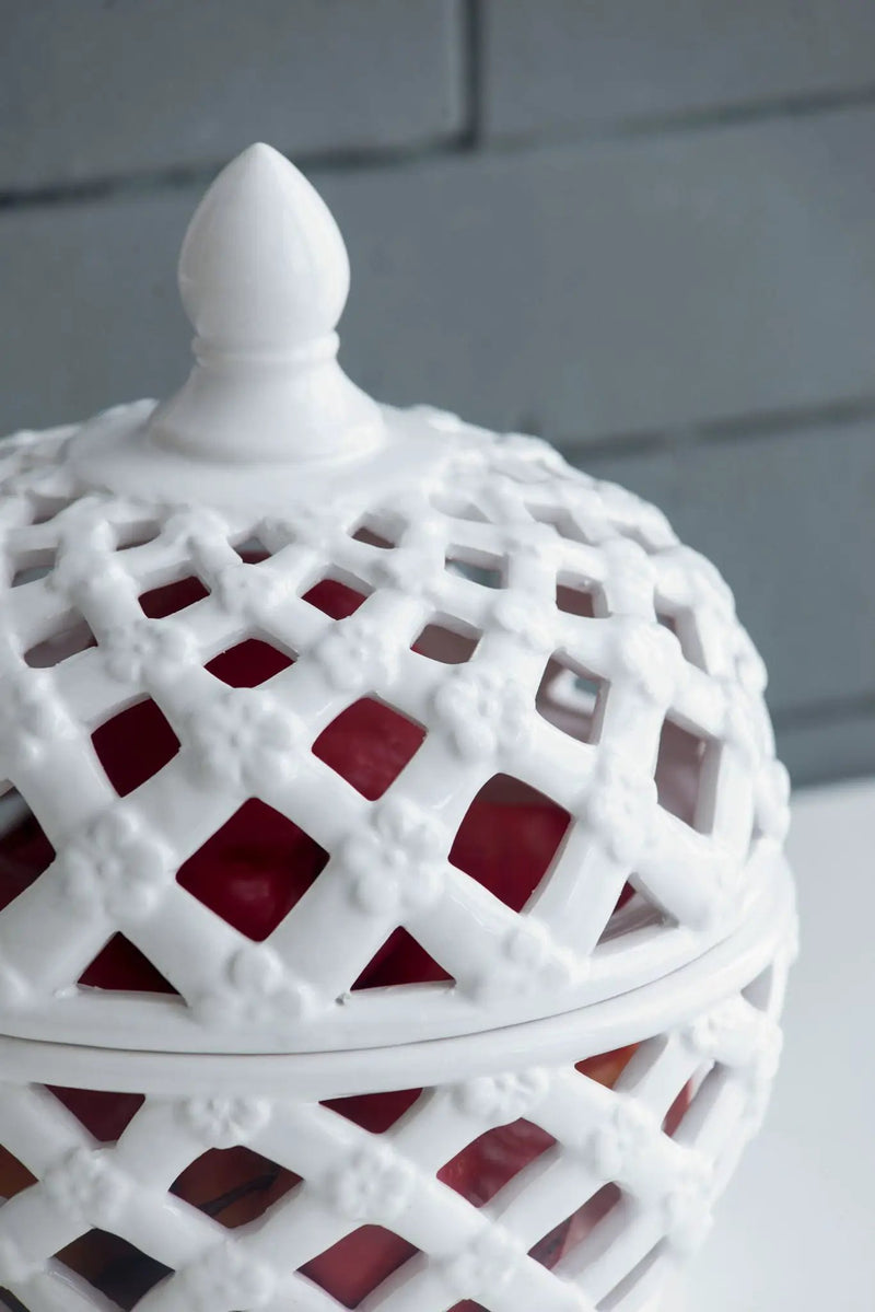 Ceramic Lidded Jar With Lattice Design - White by HouseOfZazla