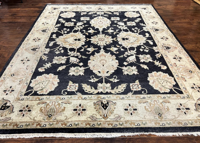 Indo Mahal Rug 8x10, Black and Beige, Vintage Rug 8 x 10 ft, Floral, Handmade Wool Carpet by Jewel Rugs