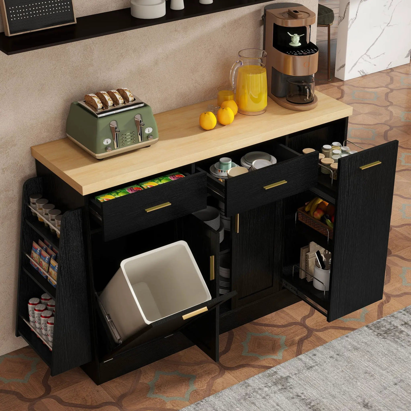 Kitchen Sideboard With Sliding Door Cabinet, 3 Tier Spice Rack by HouseOfZazla