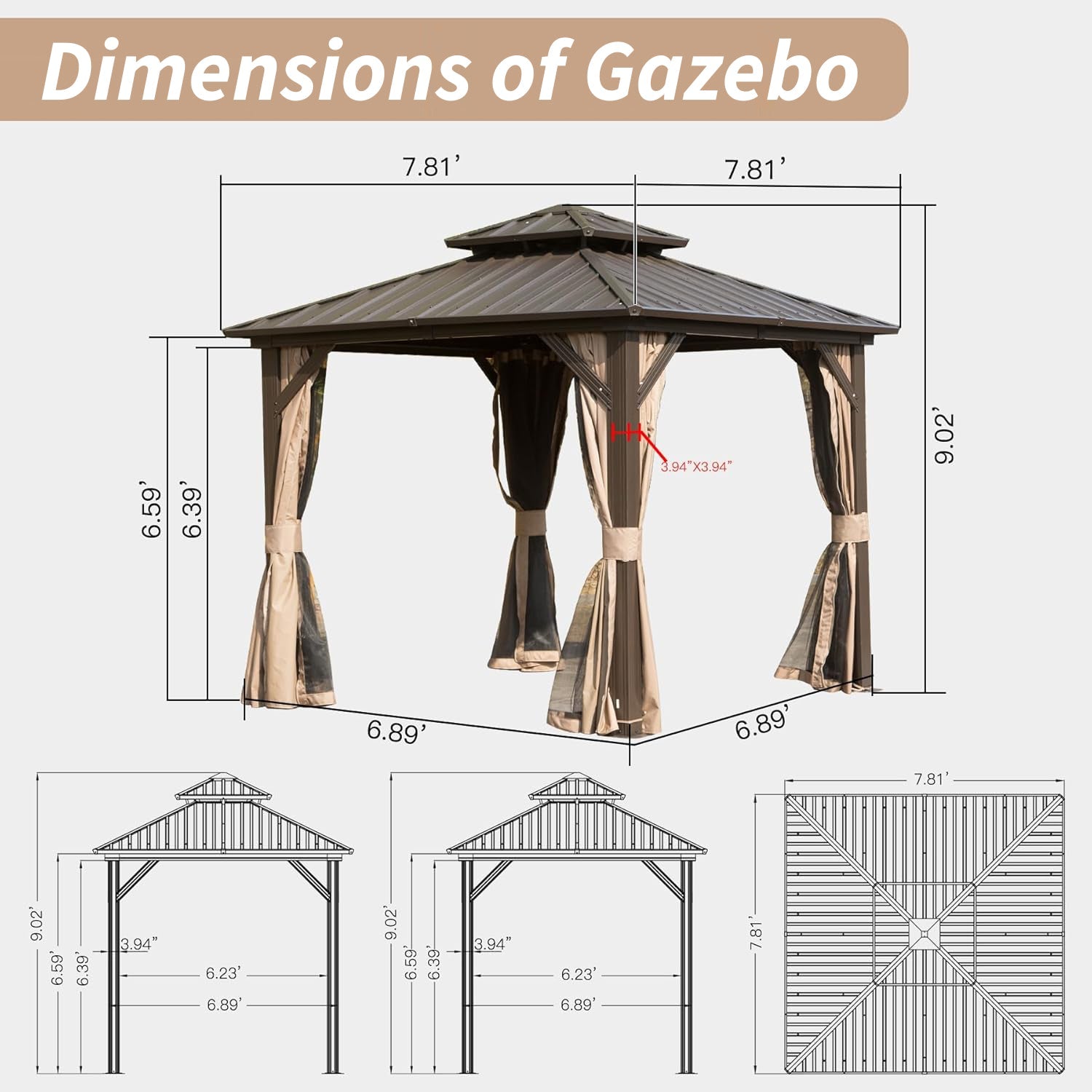 8' x 8' Hardtop Gazebo with Aluminum Frame and Double Roof Canopy by HouseOfZazla