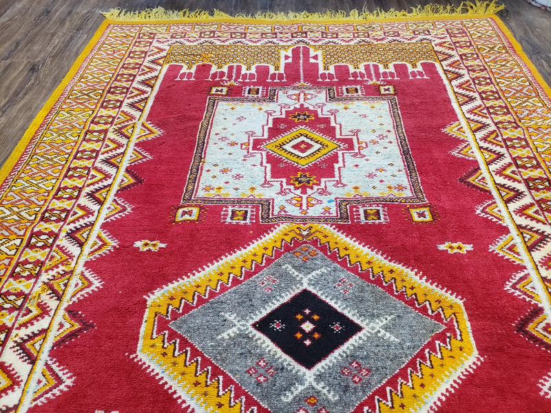 Vintage Moroccan Rug 6x10, Red and Yellow Moroccan Carpet, Handmade Bohemian Tribal Area Rug, Hand-Knotted 1970s Wool Rug, Medalions by Jewel Rugs