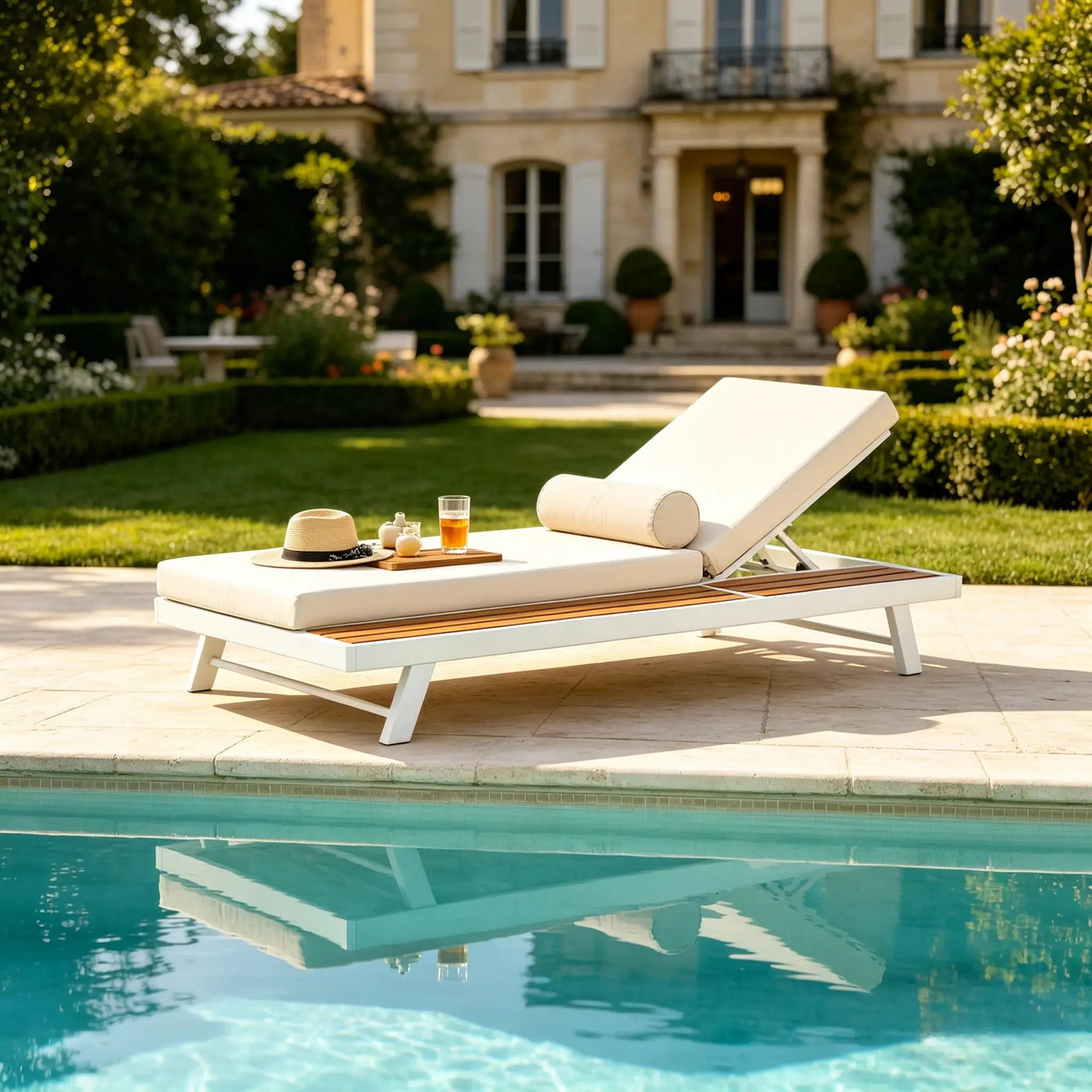 White Iron and Teak Finish Chaise Lounge Set with Cream Cushion by HouseOfZazla