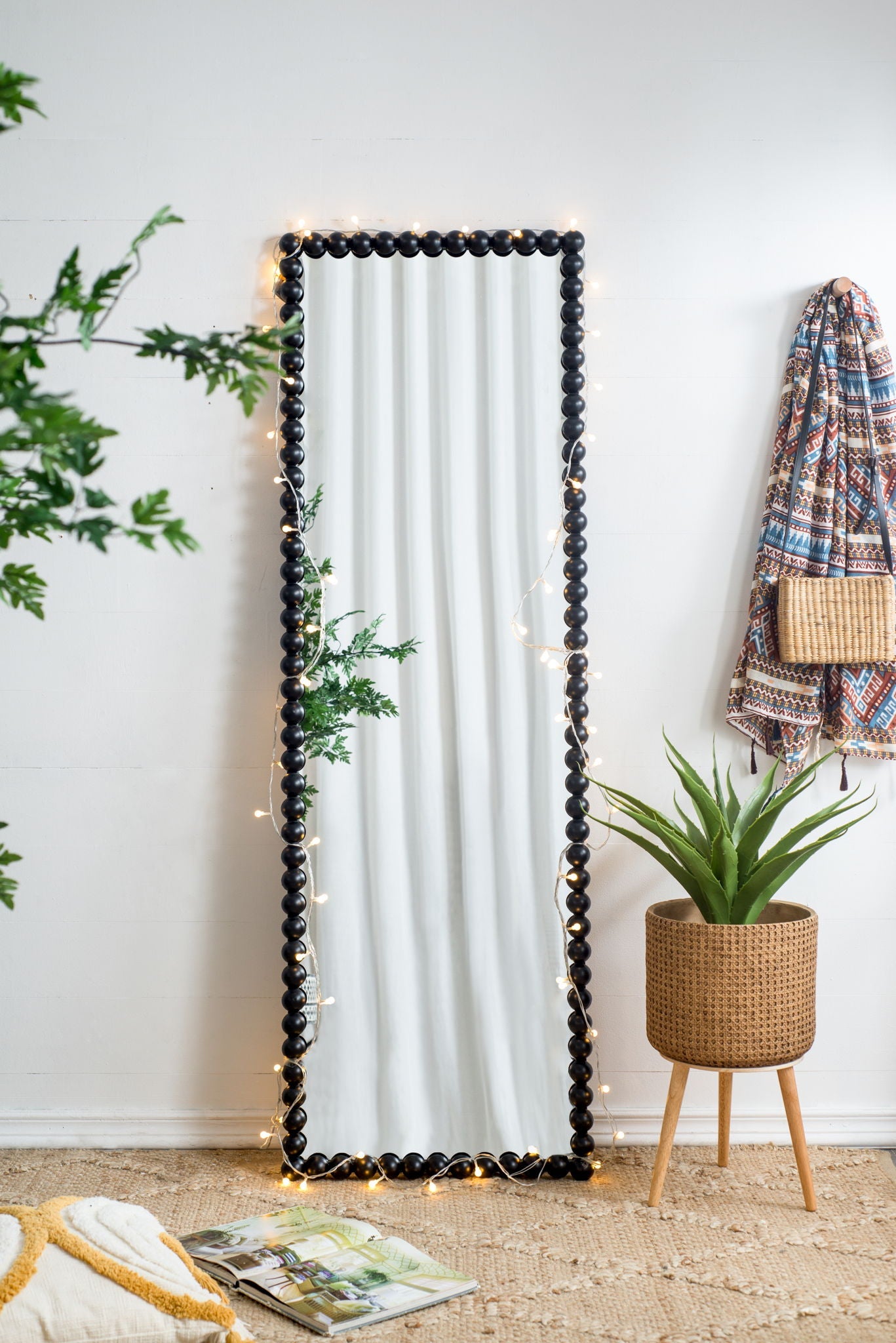 Full Length Mirror With Metal Beaded Frame, Rectangular Oversized Mirror For Living Room Bedroom - Black by HouseOfZazla