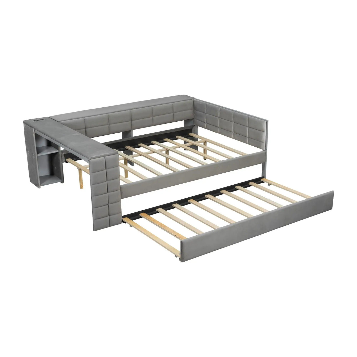 Upholstered Platform Bed With Storage Shelves, Desk, Charging Station And Trundle by HouseOfZazla