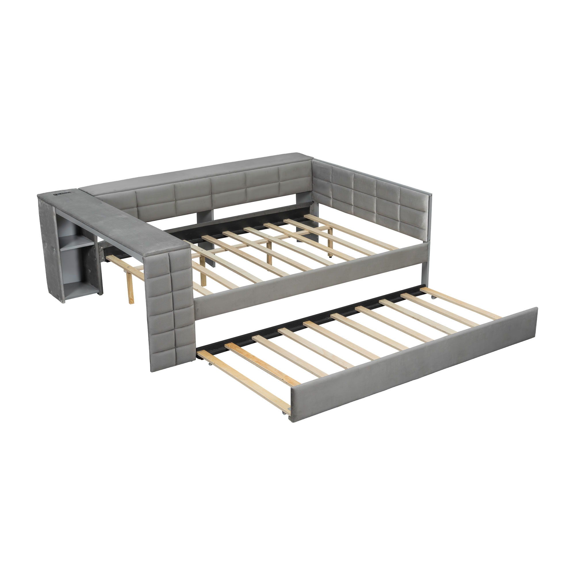 Upholstered Platform Bed With Storage Shelves, Desk, Charging Station And Trundle by HouseOfZazla
