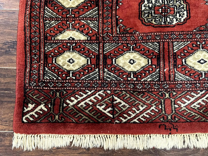 Red Pakistani Turkoman Rug 3x5, Bokhara Design, Vintage, Signed by Jewel Rugs