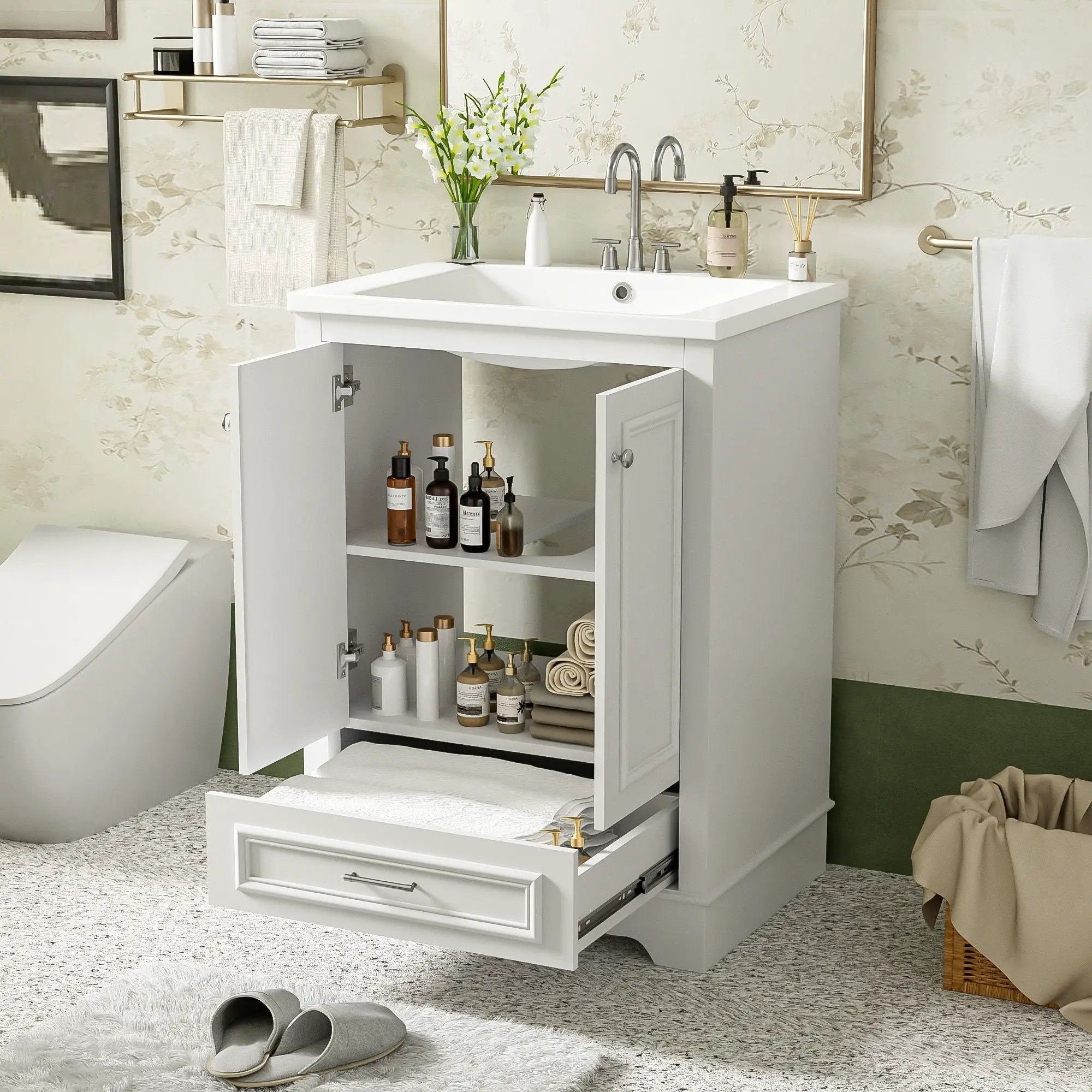 Bathroom Vanity With Ceramic Sink Combo, Modern Freestanding Storage Cabinet With Silver Handles by Unique Piece Furniture