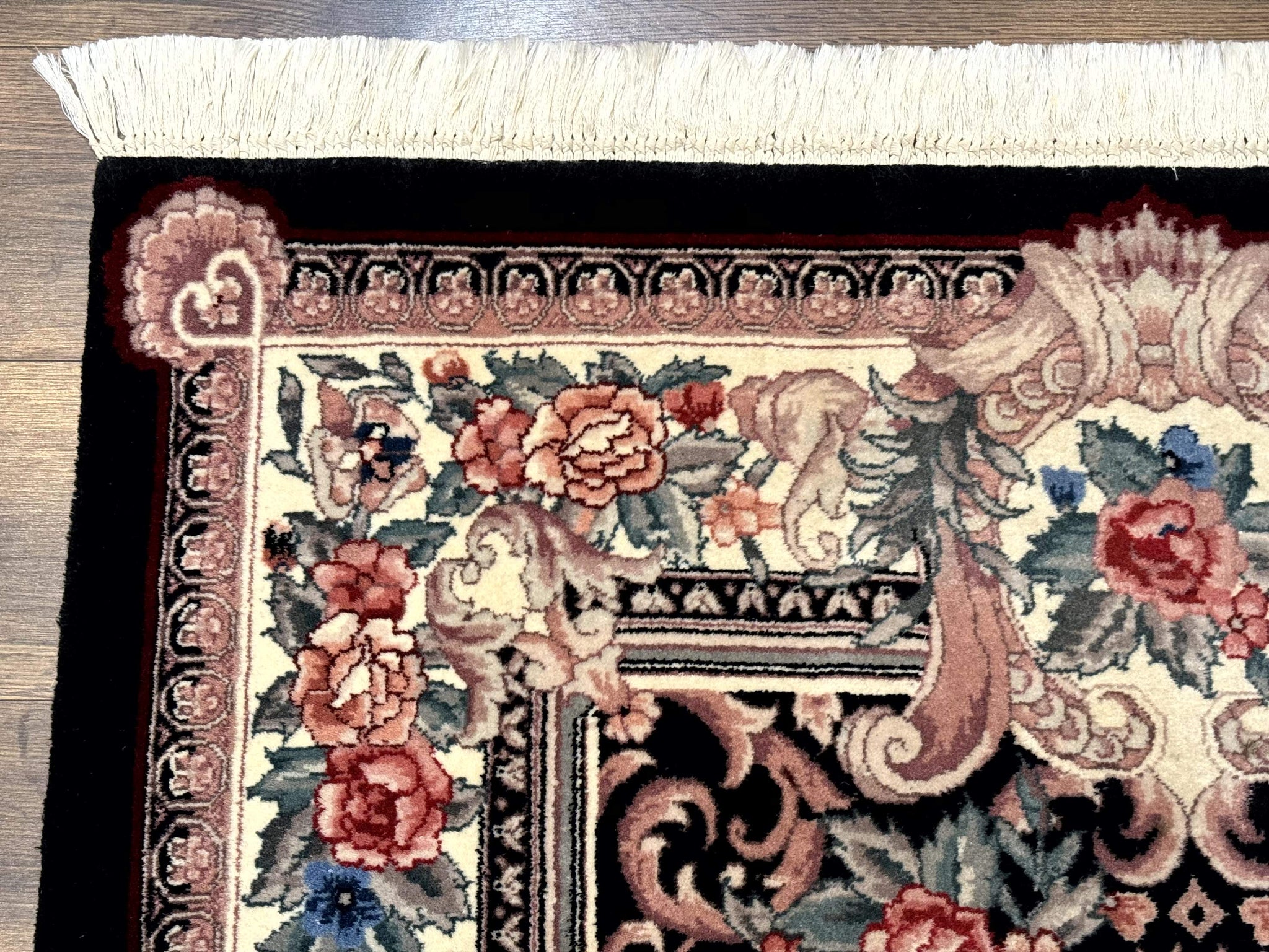 Aubusson Rug 4x6, Elegant European Floral Design, Black and Ivory, Fine 200 KPSI by Jewel Rugs