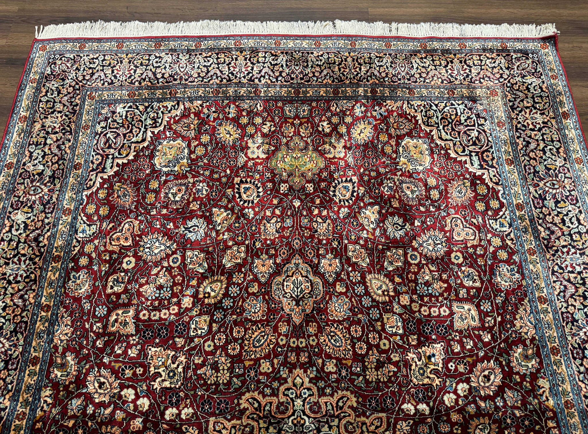 Indian Kashmiri Silk Rug 6x9, Red and Navy Blue, Floral Medallion, Fine 275 KPSI by Jewel Rugs