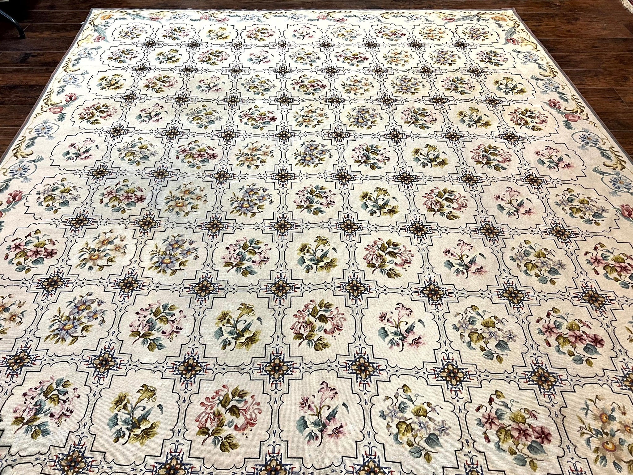 Needlepoint Rug 10x14, Wool Handmade Vintage Needlepoint Carpet, Floral Panel Design, Ivory/Cream by Jewel Rugs