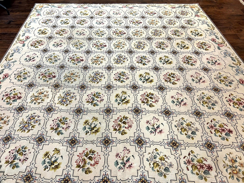 Needlepoint Rug 10x14, Wool Handmade Vintage Needlepoint Carpet, Floral Panel Design, Ivory/Cream by Jewel Rugs