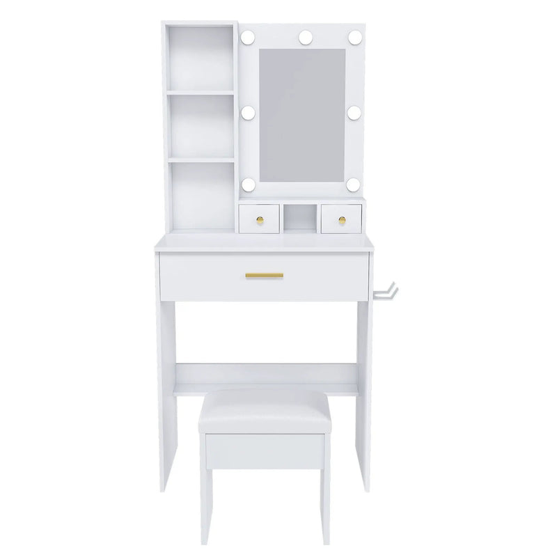 Vanity Table With Mirror, Adjustable LED Lights, Power Outlet, Hairdryer Holder & Stool by Unique Piece Furniture
