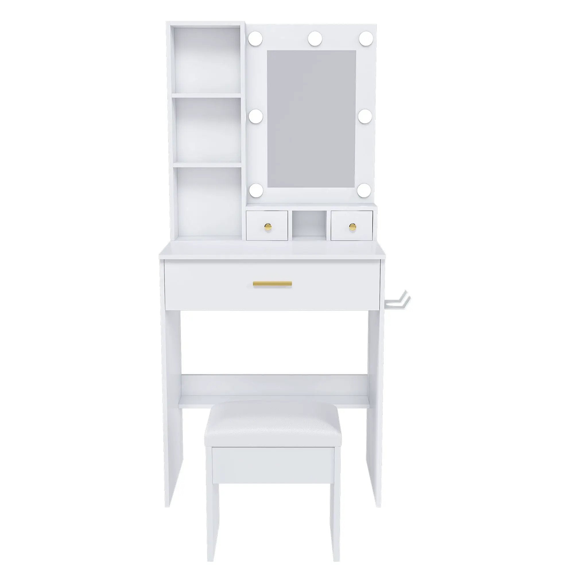 Vanity Table With Mirror, Adjustable LED Lights, Power Outlet, Hairdryer Holder & Stool by HouseOfZazla