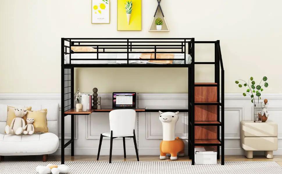 Loft Bed With Desk And Grid, Stylish Frame With Lateral Storage Ladder And Wardrobe by HouseOfZazla