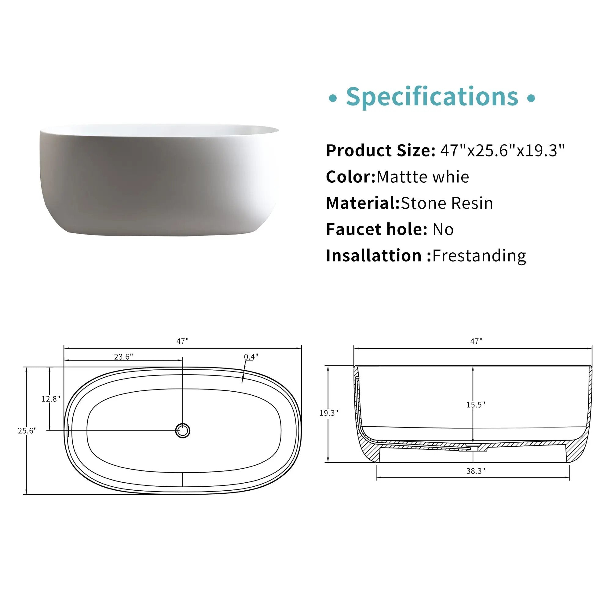 47'' Independent Solid Surface Resin Stone Bathtub by HouseOfZazla