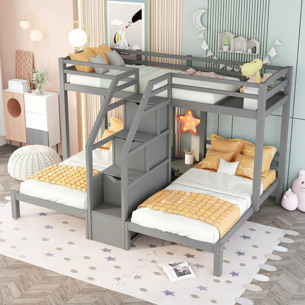 Twin Over Twin & Twin Bunk Bed With Built In Staircase And Storage Drawer - Gray, photo 2 of 7