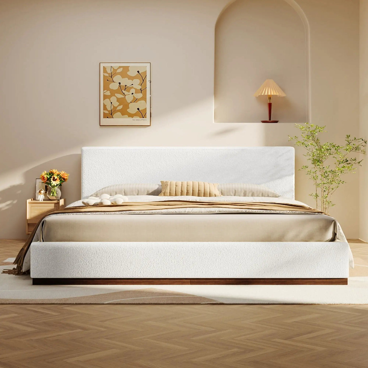 Elegant Boucle Upholstered Bed With Wood Grain Textured Solid Wood Base Frame by HouseOfZazla