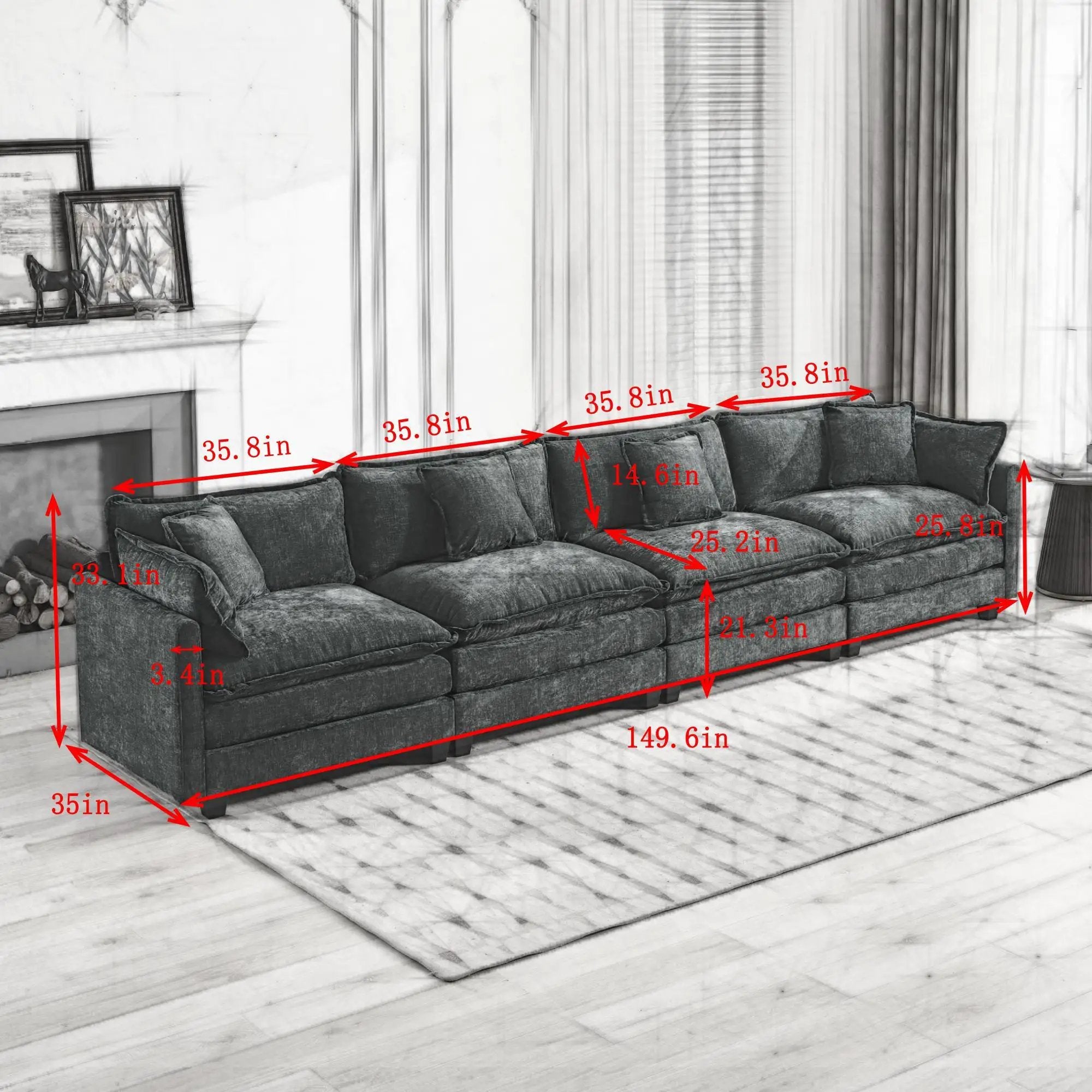 Cloud 4 Seats Sofa (Ottoman is not included) with Chenille Fabric in Beige by BLAKHOM