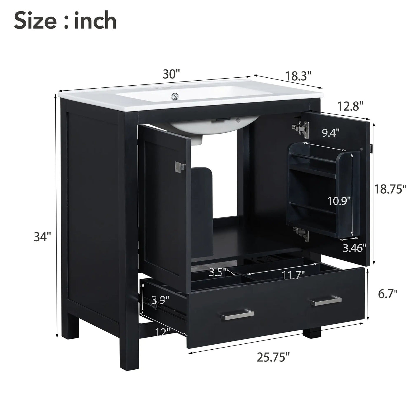 Bathroom Vanity With Single Sink, Combo Cabinet Undermount Sink, Bathroom Storage Cabinet With Two Doors And A Drawer, Soft Closing, Multifunctional Storage, Solid Wood Frame by Unique Piece Furniture