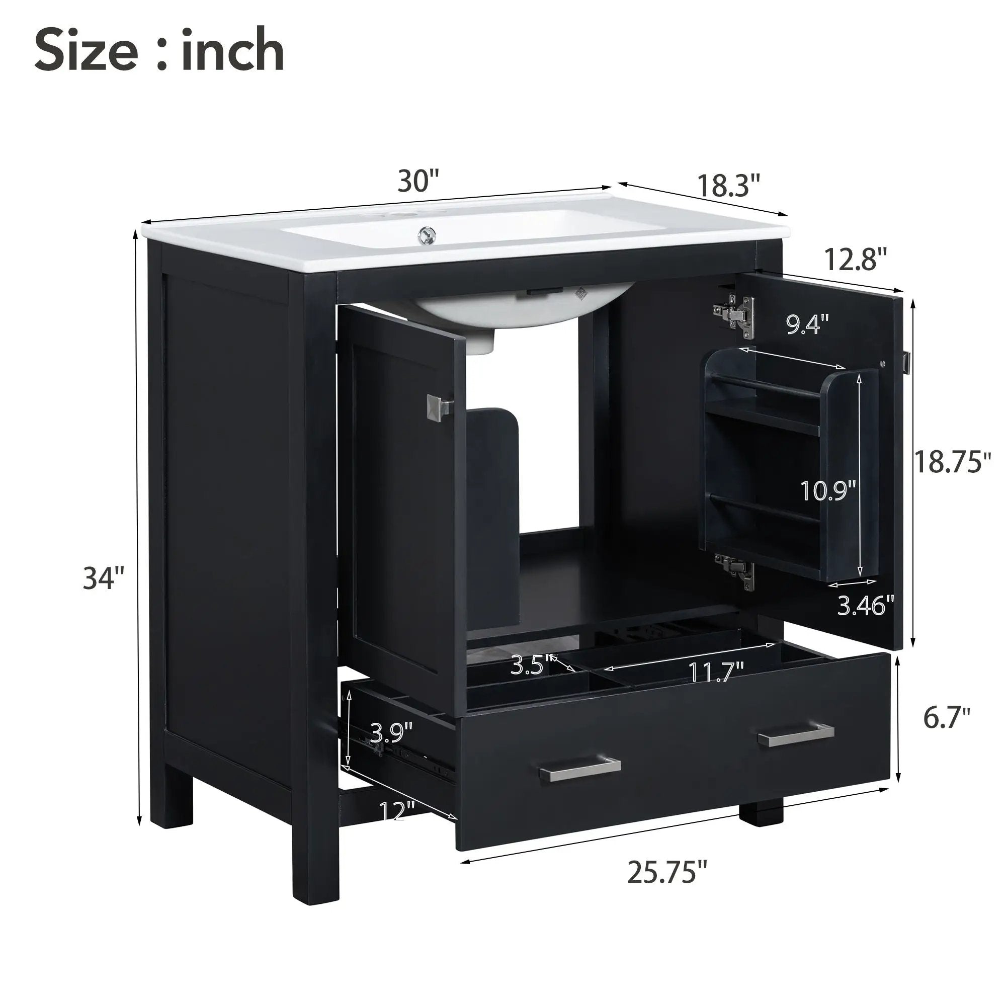 Bathroom Vanity With Single Sink, Combo Cabinet Undermount Sink, Bathroom Storage Cabinet With Two Doors And A Drawer, Soft Closing, Multifunctional Storage, Solid Wood Frame by Unique Piece Furniture