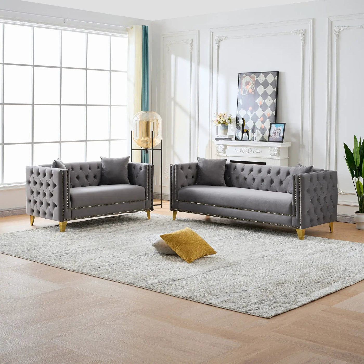 Deep Seat Sofa With Button Nailhead, Square Arm Couches by HouseOfZazla