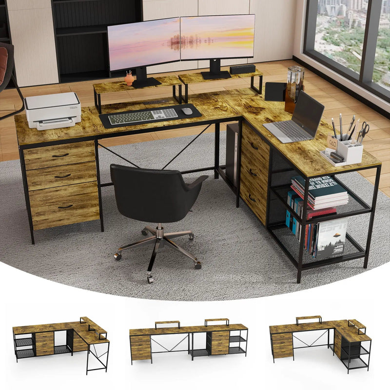 Industrial L Shaped Desk With Power Hub With 6 Drawers And Adjustable Monitor Stands - Brown by HouseOfZazla