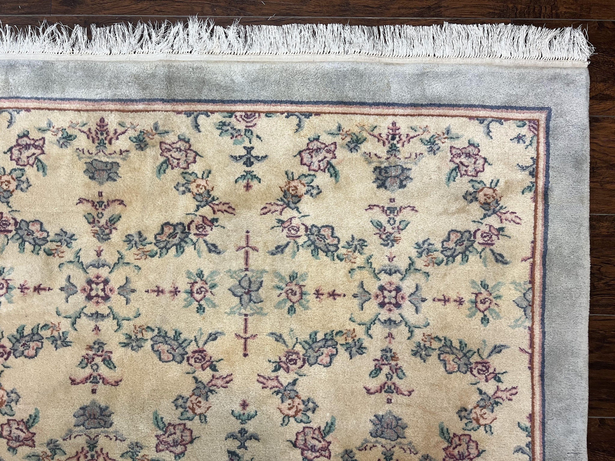 Sino Persian Rug 8x10, Floral, Oatmeal and Light Teal, Handmade Wool Vintage Carpet by Jewel Rugs