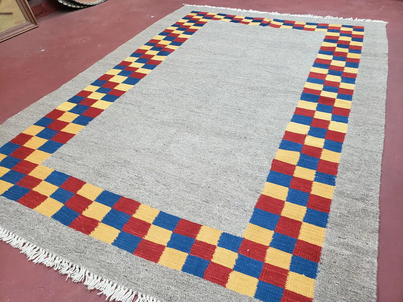 New Turkish Kilim Area Rug, Gray Carpet With Colorful Checker Border, 5'6" x 8", Flatweave Carpet, Playroom Rug, Kids Room Rug, Hand-Knotted by Jewel Rugs