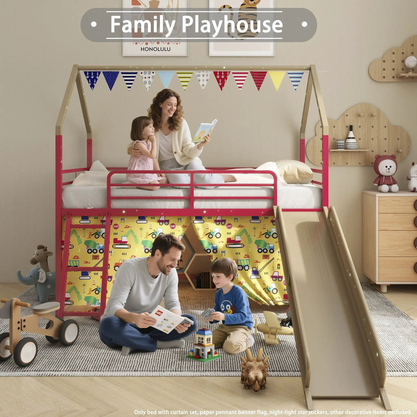 Jack - House Loft Bed With Slide And Curtain Set by HouseOfZazla