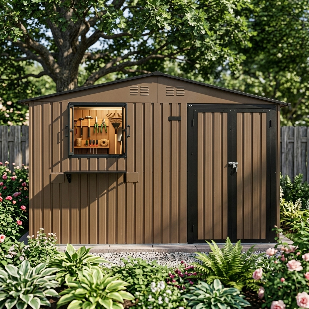 10x8 Ft Outdoor Metal Storage Shed with Window & Flower Rack by HouseOfZazla