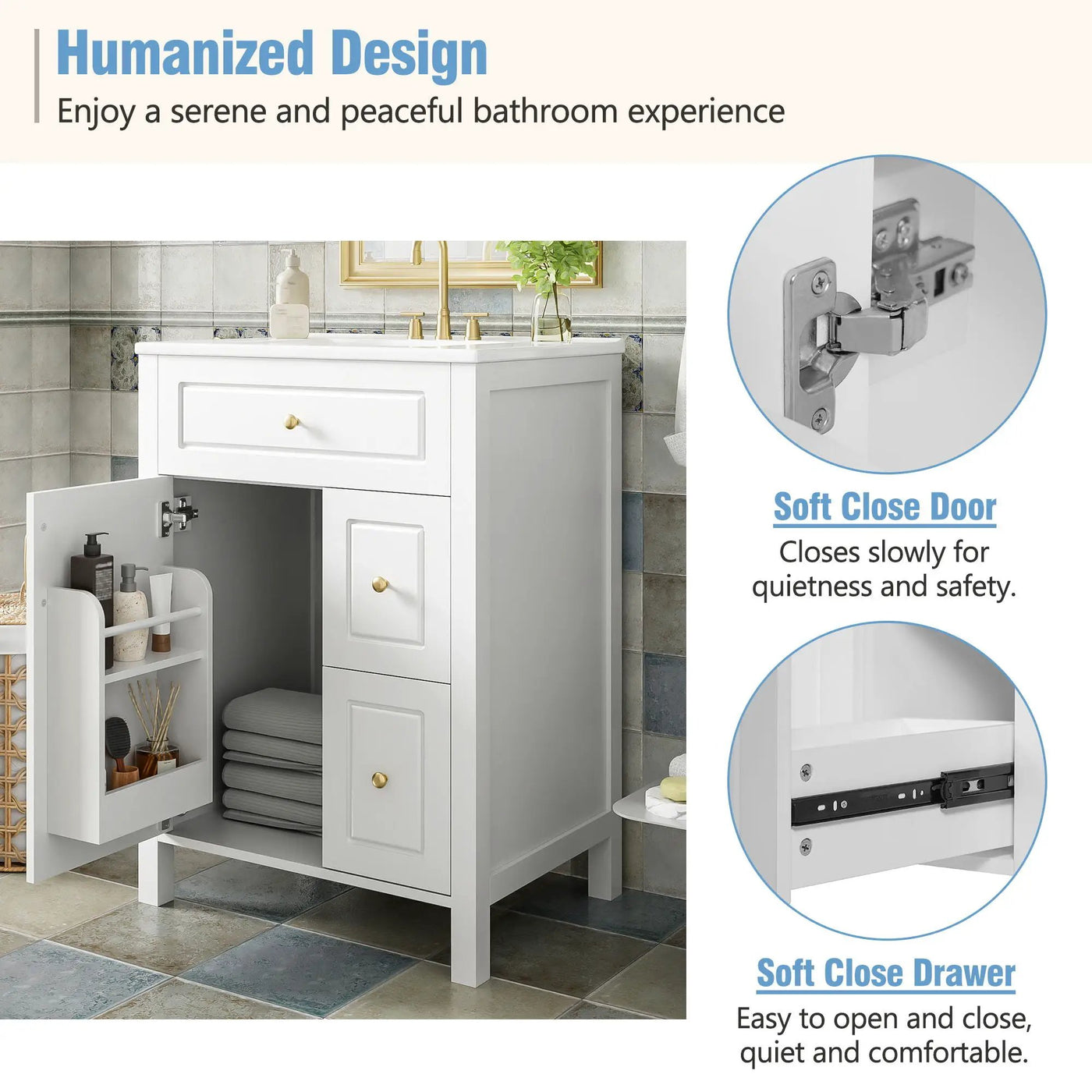 Elegant Bathroom Vanity With Ceramic Sink, Soft Close Doors And Drawers, Double Storage Racks by HouseOfZazla