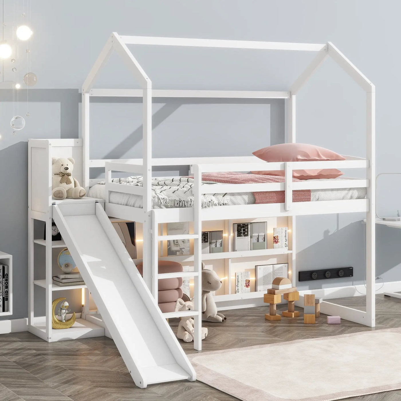 House Loft Bed With Slide, Storage Shelves And Light, Climbing Ramp by HouseOfZazla