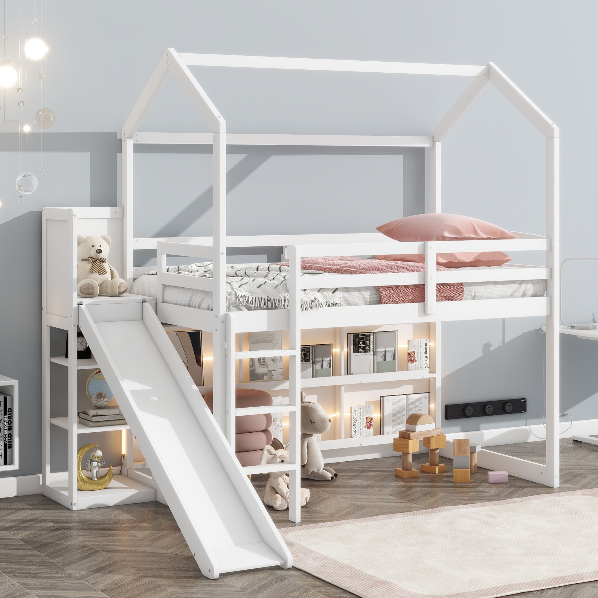 House Loft Bed With Slide, Storage Shelves And Light, Climbing Ramp by Unique Piece Furniture
