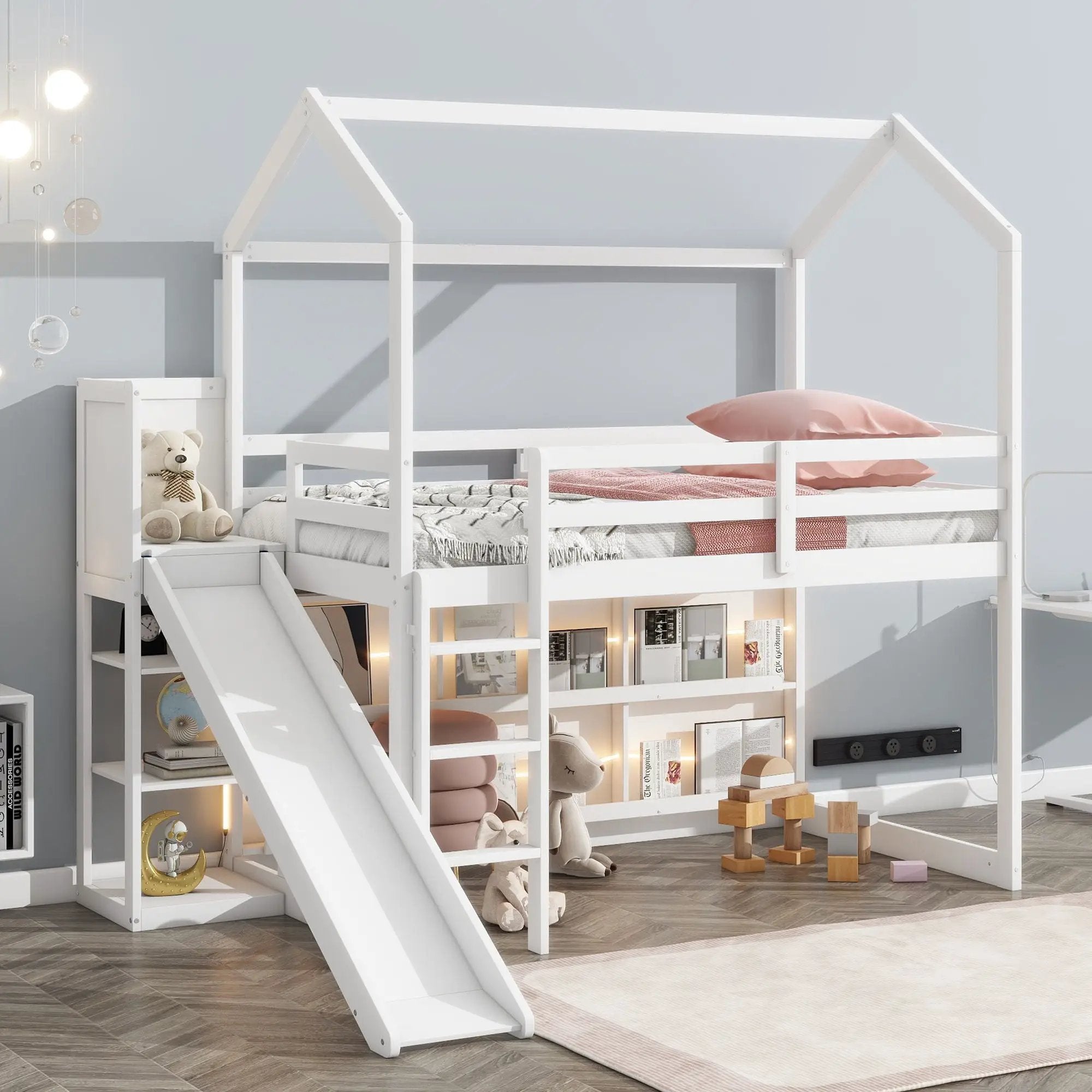 House Loft Bed With Slide, Storage Shelves And Light, Climbing Ramp by HouseOfZazla