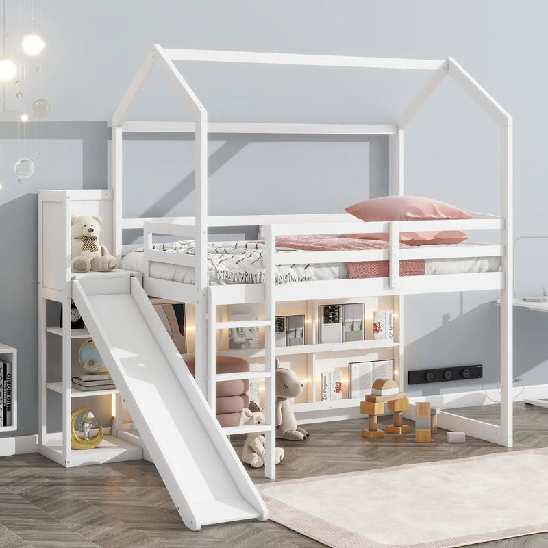 House Loft Bed With Slide, Storage Shelves And Light, Climbing Ramp by HouseOfZazla