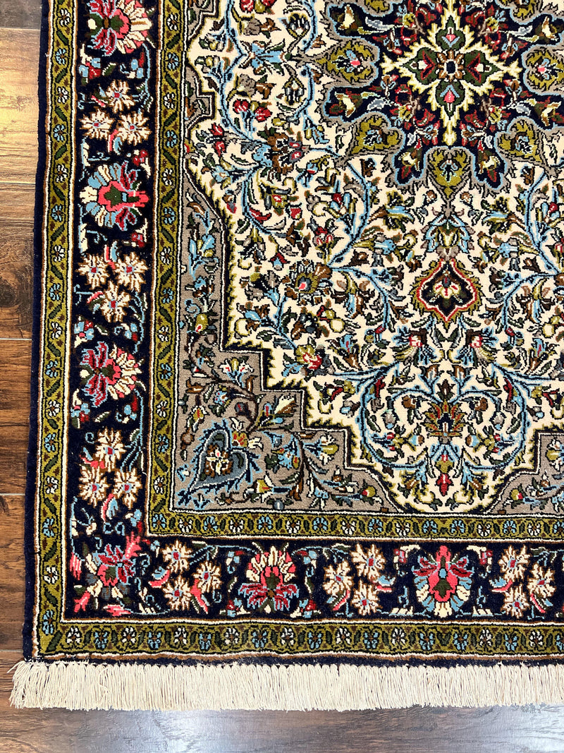 Persian Qum Rug 3x5, Wool with Silk Highlights, Handmade Semi Antique Carpet, Ivory & Navy Blue, Floral Medallion, Finely Hand Knotted by Jewel Rugs