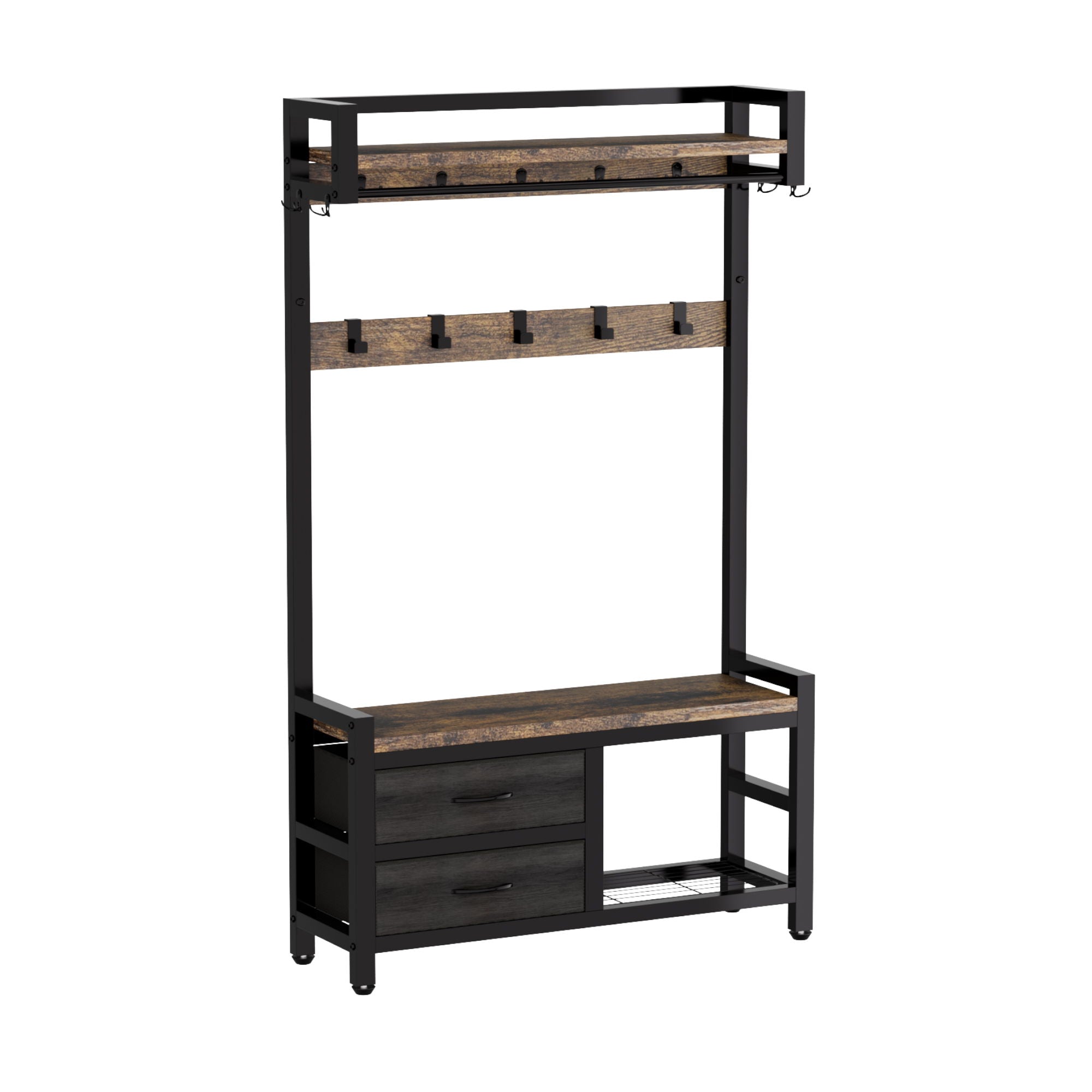 Hall Tree With 2 Movable Drawers, Shoe Storage, Shelves, Garment Racks, And 23 Hooks For Entryway - Rustic Brown by HouseOfZazla