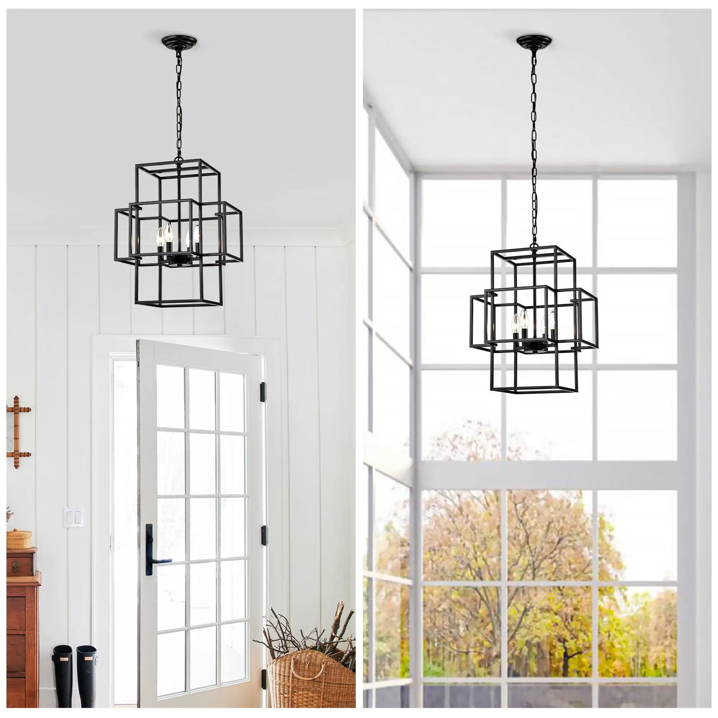 4 Light Metal Lantern Tiered Pendant Hanging Light Fixtures, Industrial Farmhouse Adjustable Height Chandeliers For Dining Room Hallway Foyer Entryway (E12 Bulbs Not Included) by HouseOfZazla